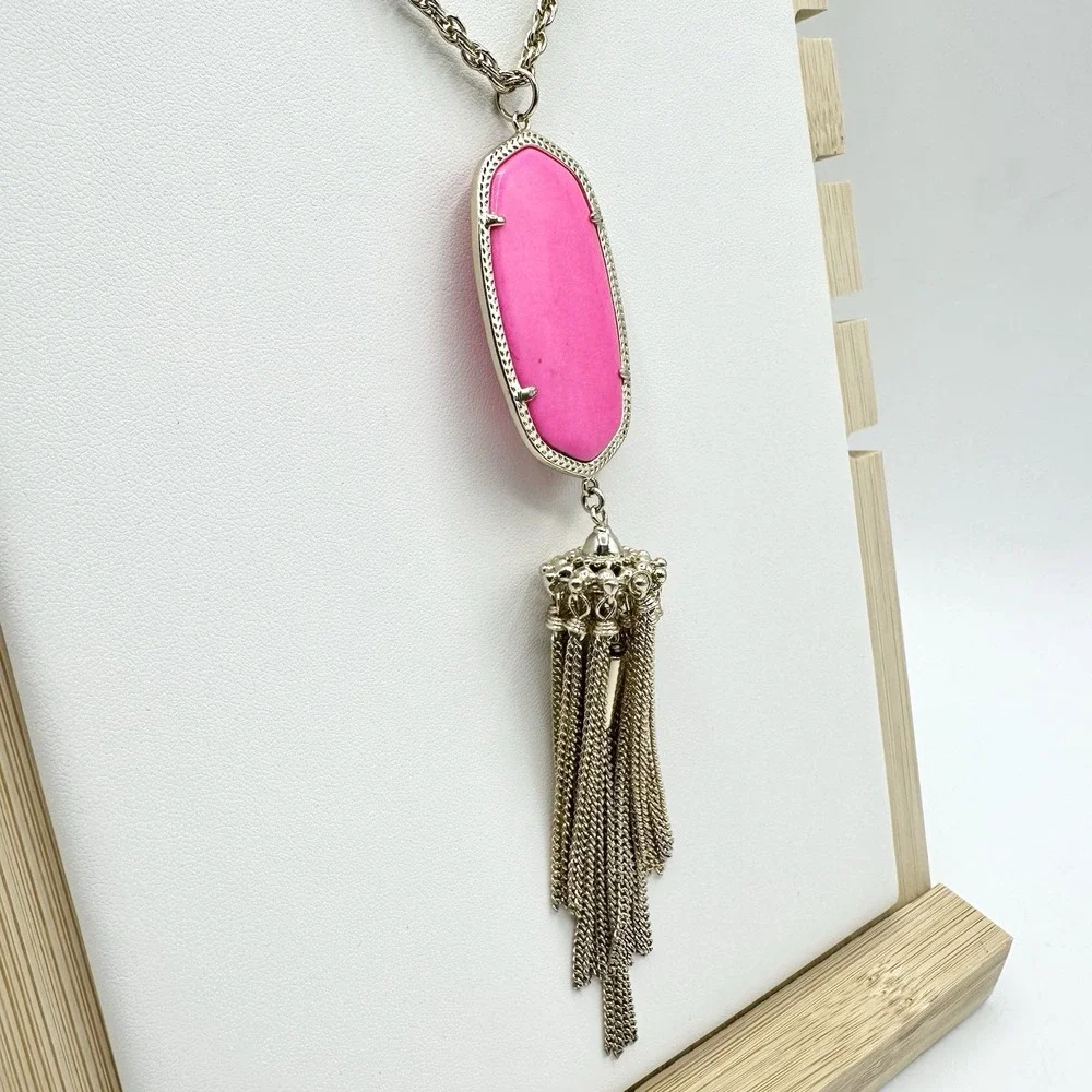 Kendra Scott Rayne Necklace Hot Pink Neon Tassel Pendant Long Goldtone Chain